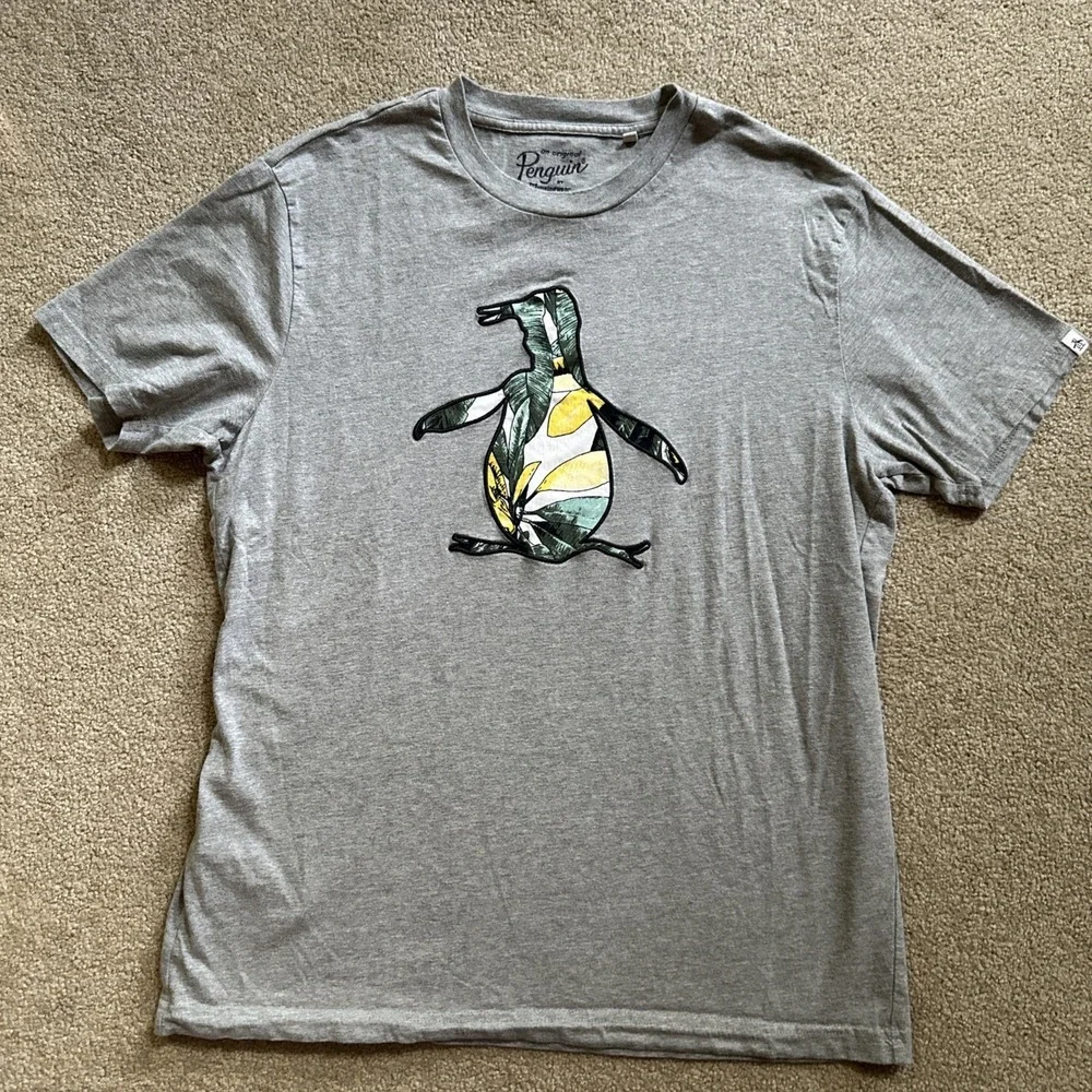 Original Penguin Tee Shirt Mens Gray Short Sleeve Logo Organic Cotton Tropical L